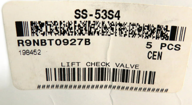 Swagelok SS-53S4 Stainless Steel Lift Check Valve 0.30 Cv 1/4     New