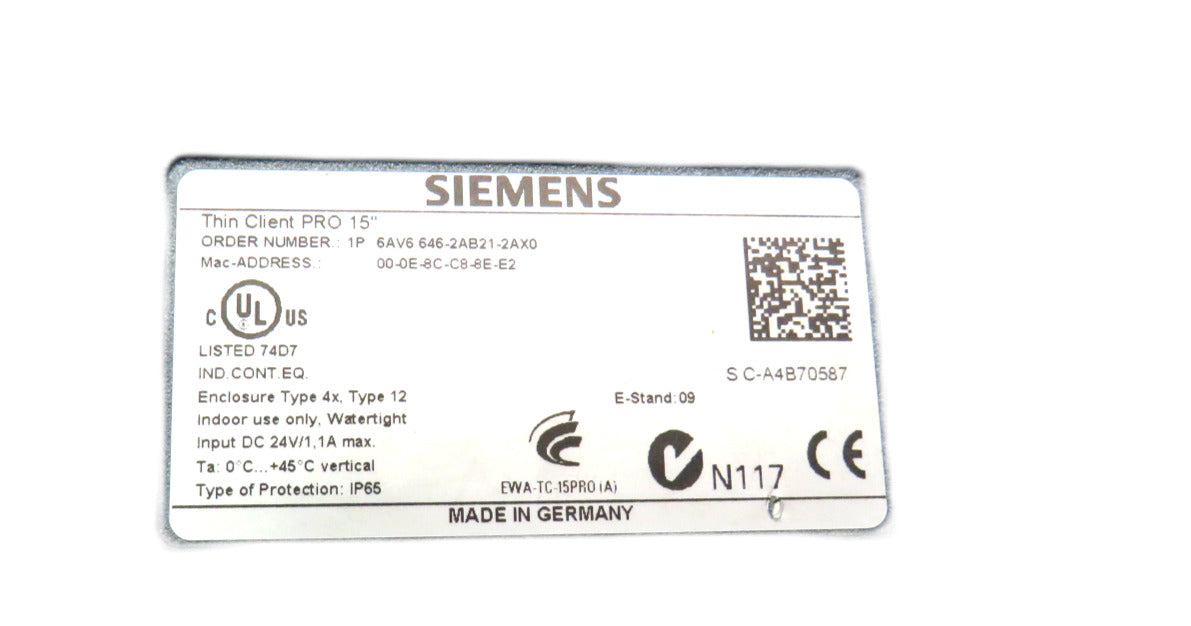 SIEMENS  6AV6 646-2AB21-2AX0 6AV6646-2AB21-2AX0 THIN CLIENT PRO 15"