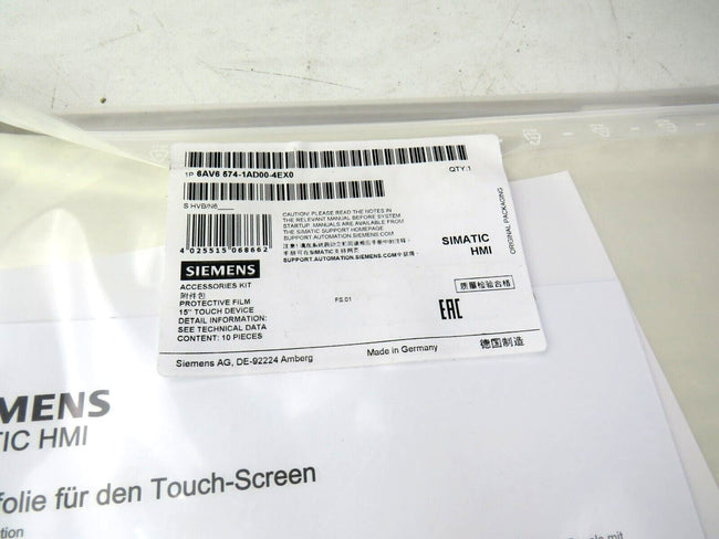 SIEMENS 6AV6574-1AD00-4EX0 PROTECT. FILM 15" TOUCH DEVICE   New