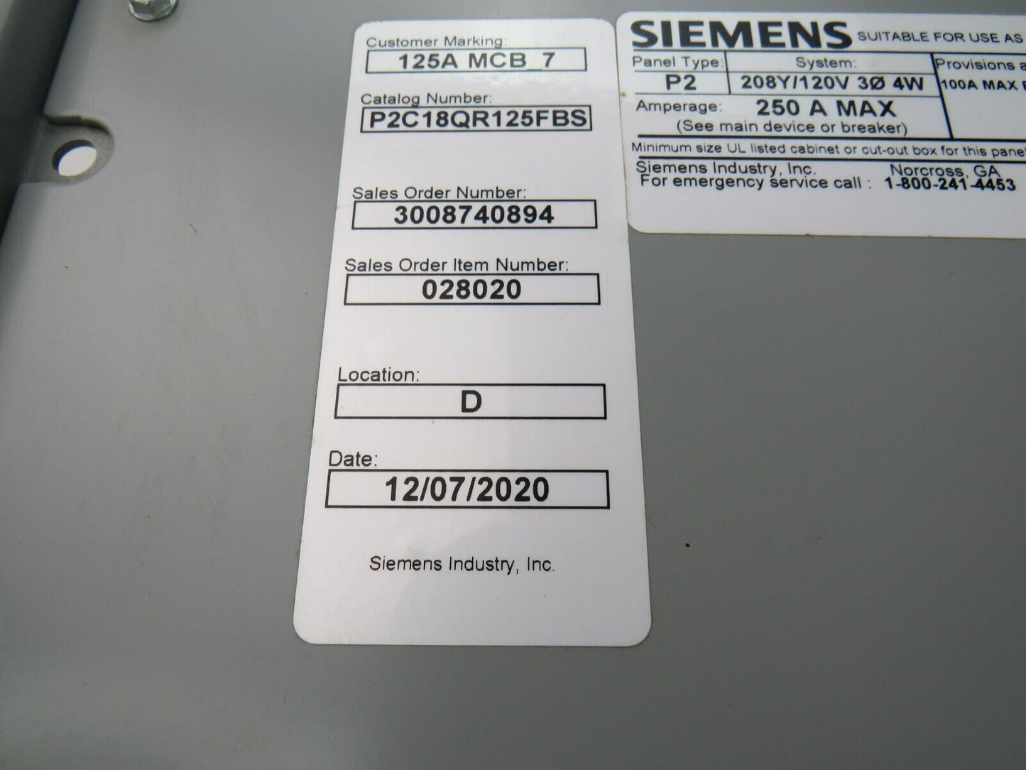 Siemens P2C18QR125FBS 028020 panel board P2 208Y/120V 4W 125W + enclosure NR32