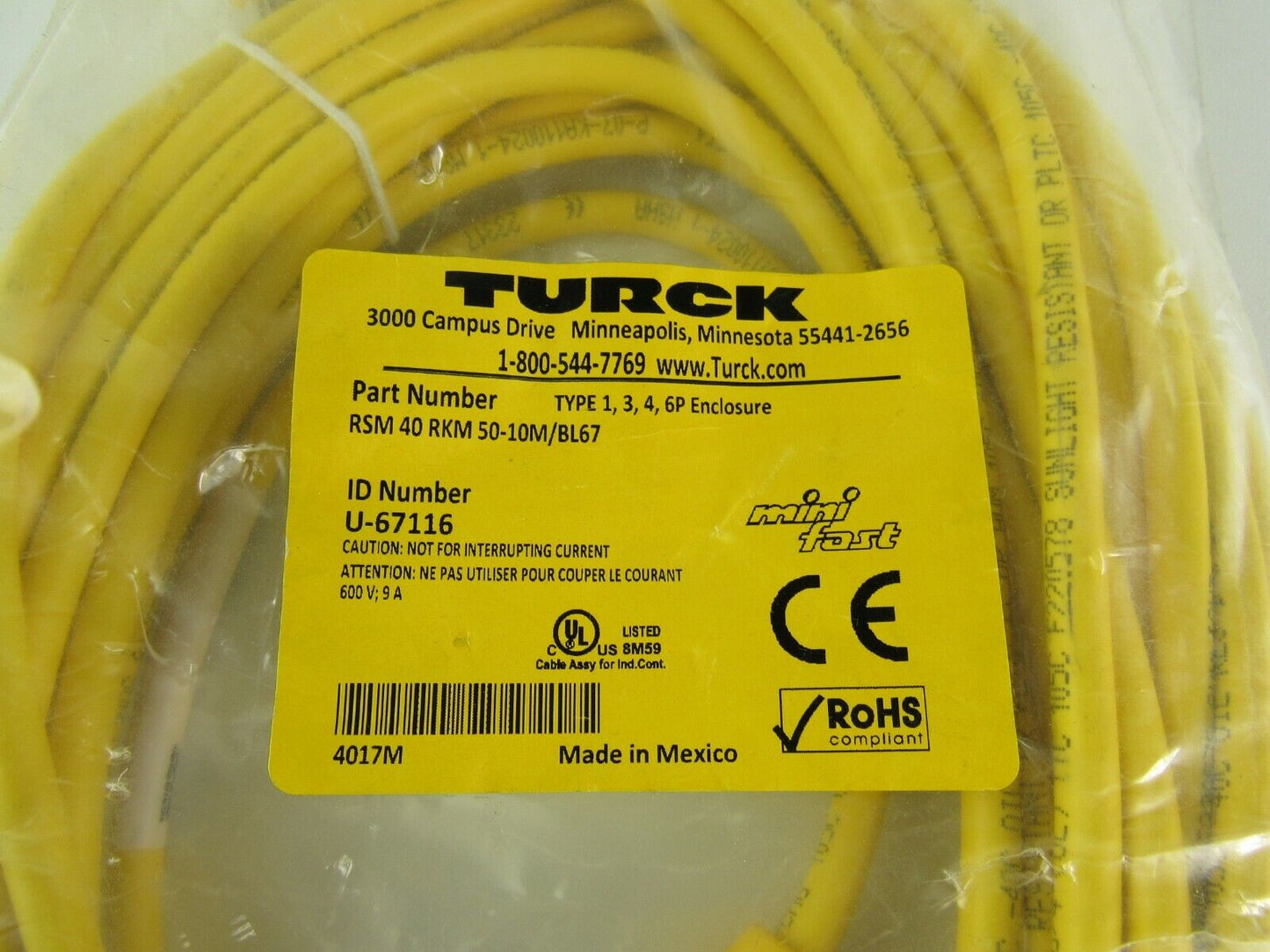 Turck RSM 40 RKM 50-10M/BL67 4 Pin Male To 5 Pin Female,10 Meter u 67116