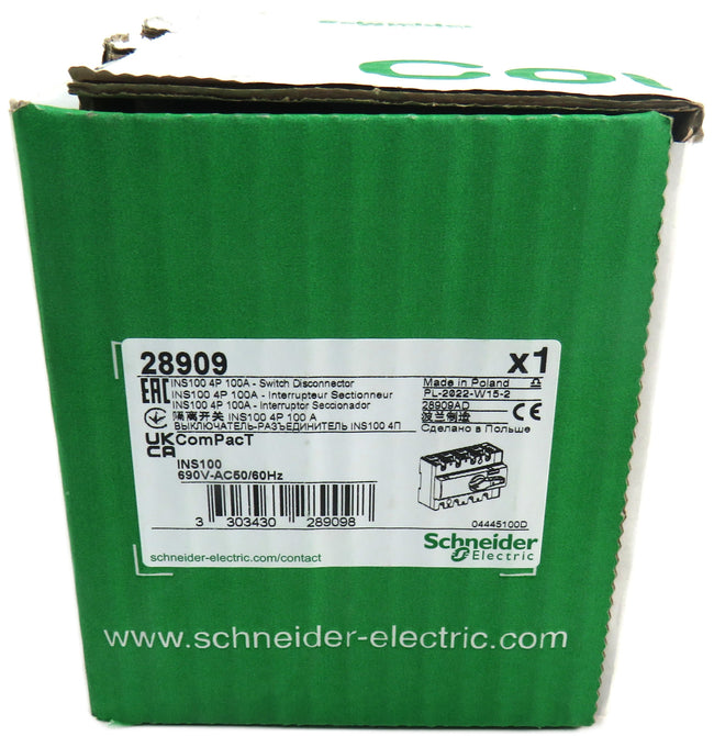 SCHNEIDER ELECTRIC 28909 INS100 4P 100A Switch Disconnector     New