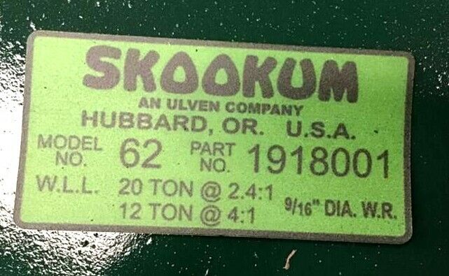 New NOS Skookum 62 Snatch Block,  12 20 Ton Cap. for Winching 1918001 hook