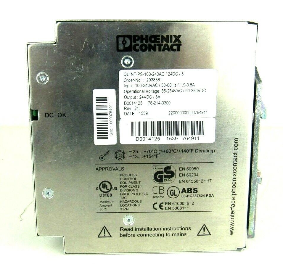 Phoenix Contact Quint-PS-100-240AC/24DC/5 Power Supply In: 100/240VAC Out: 24DC