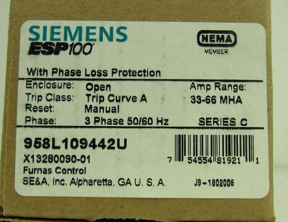 NEW Siemens Esp100 Overload Relay 958L109442U 958L Furnas Trip Curve A 33-86 AMP